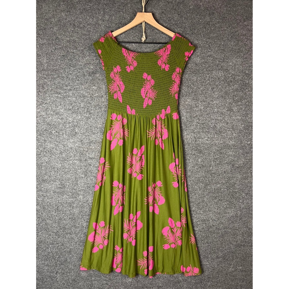 Boden Midi Dress Womens 6R Green Pink  Smocked Floral Cap Sleeve